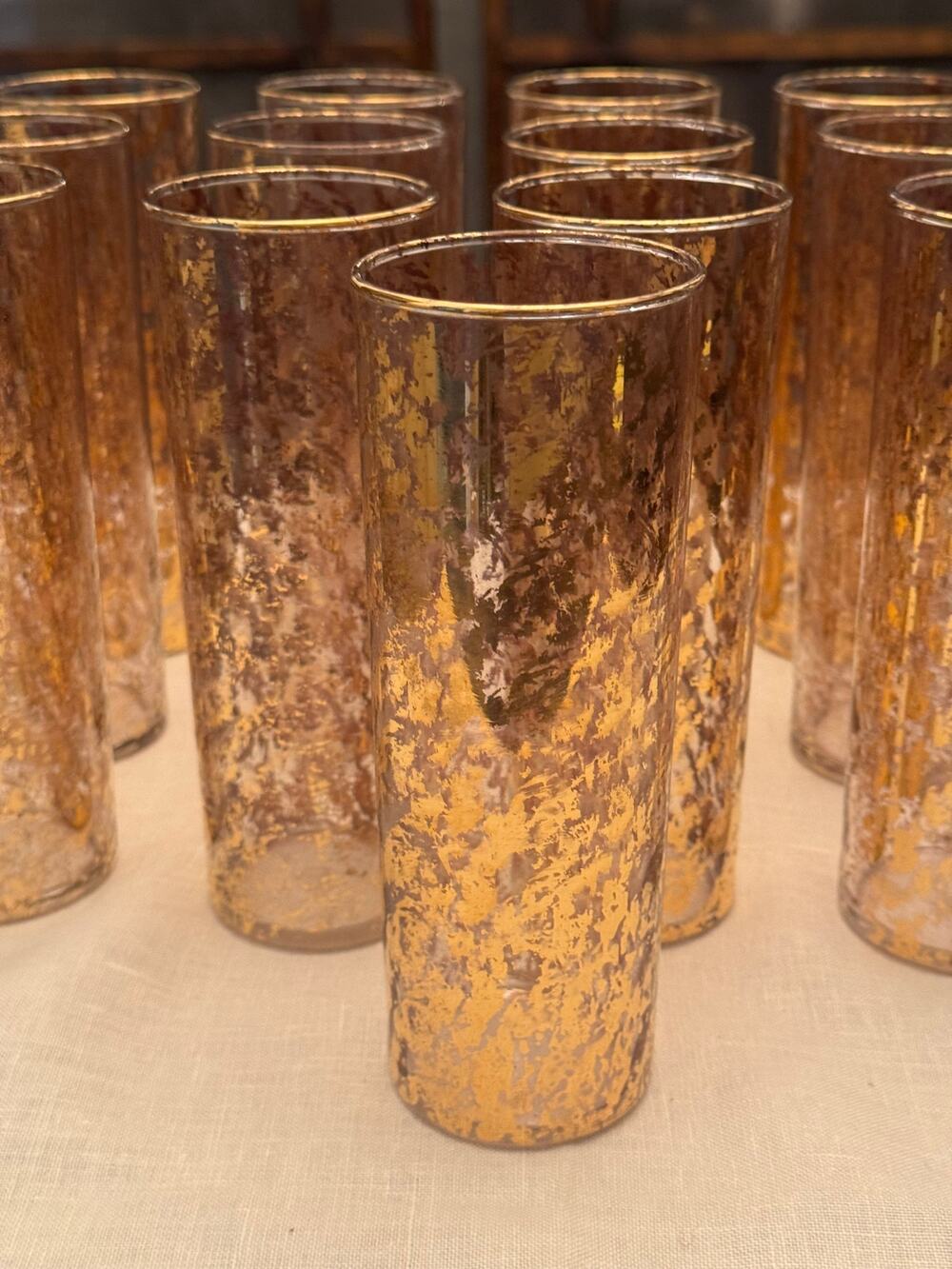 Vintage 1950s MCM Heavy 22K Gold Crusted 11" Highball Glasses - Set of 13